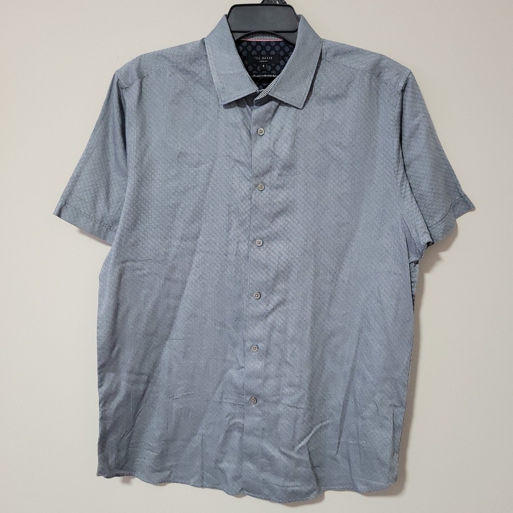Ted Baker London Button Up Shirt Mens 5 Blue Geometric Print Short Sleeve XL